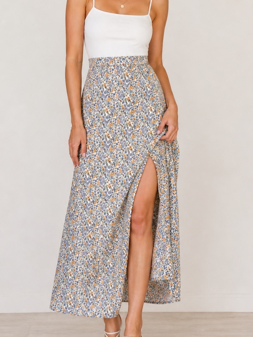 🌾H&M Romantic Floral Maxi Skirt Side Slit Flowy Cottagecore Picnic Boho Sz 14 L
